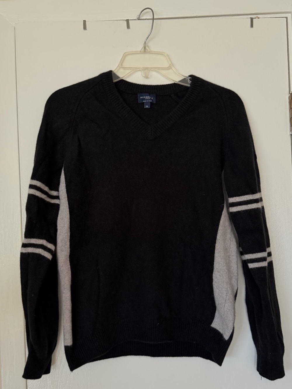 Burberry Black V-Neck Sweater with Gray Side Panels and Sleeve Stripes
